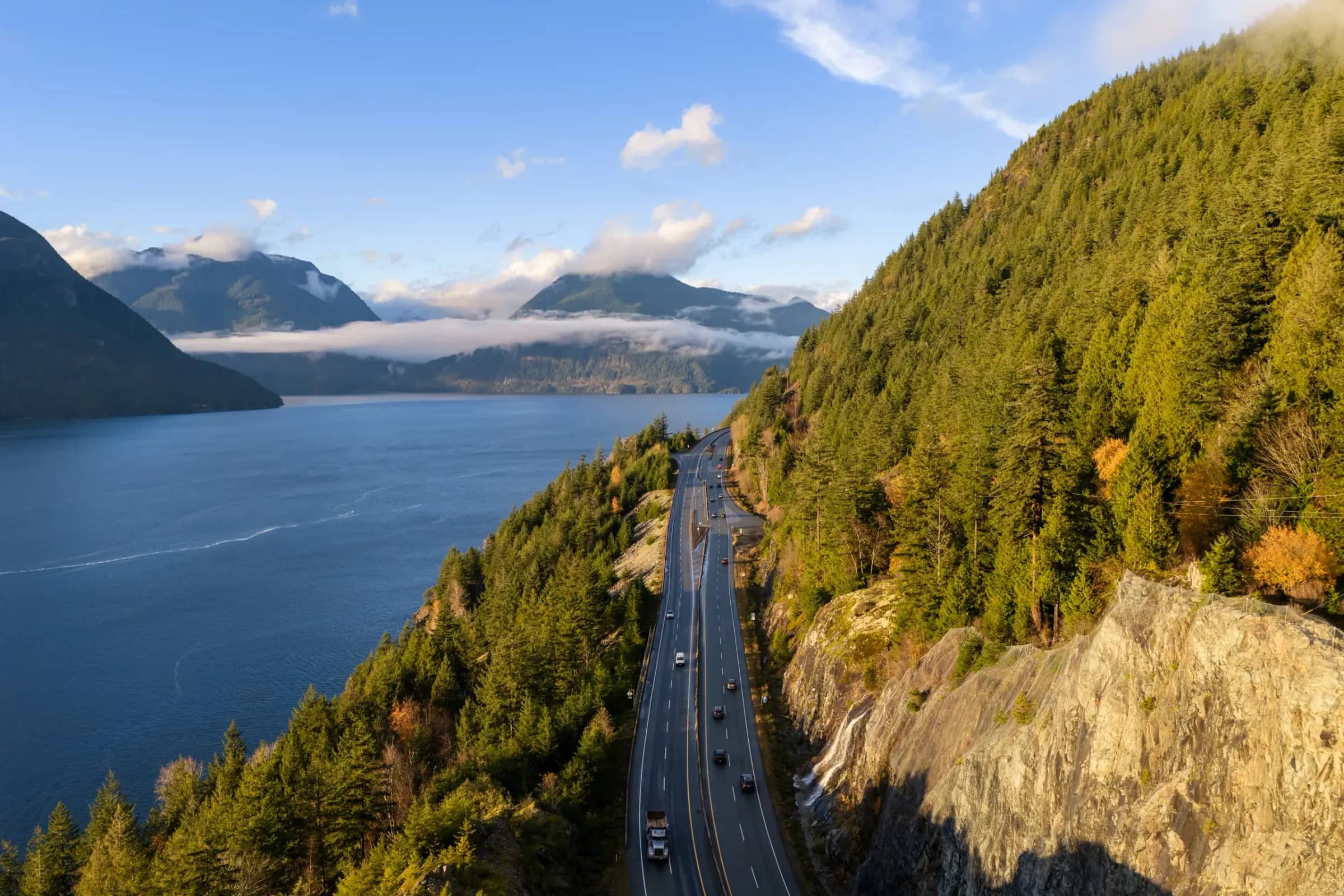 Scenic Sea to Sky Highway aerial view over Howe Sound, British Columbia